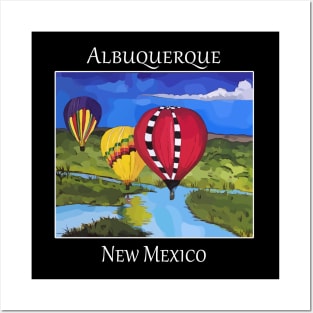 Hot air balloons flying over the river reflecting on the water. Albuquerque New Mexico, Balloon Fiesta. Posters and Art